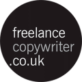 White text on a black circular background reads: "freelance copywriter .co.uk".