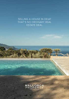 An image of an outdoor swimming pool with an infinity edge overlooking a scenic view of the ocean and distant mountains. Text at the top says, "Selling a house in Deià? That's no ordinary real estate deal." At the bottom, the text reads "Mallorca Property.