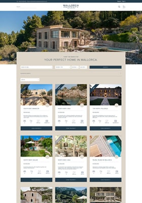 Screenshot of a real estate website for luxury homes in Mallorca. The top shows a large image of a modern home surrounded by greenery. Below are listings of various properties, each with an image, brief description, and price. Header reads "Your Perfect Home in Mallorca.