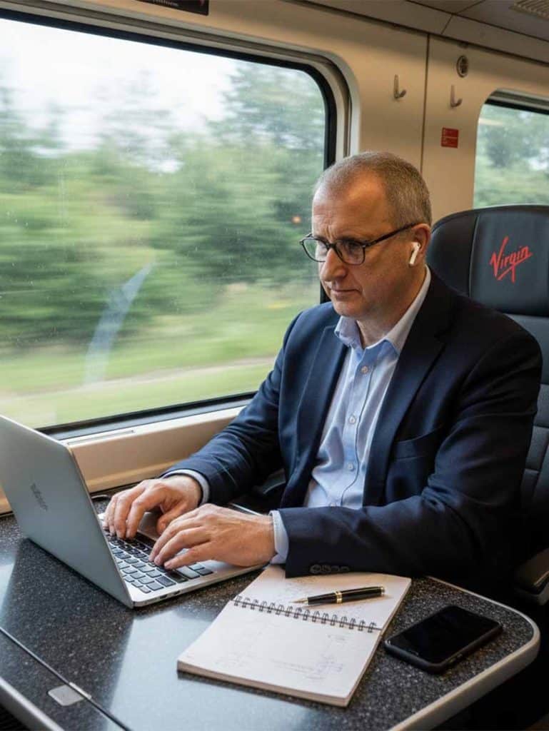 A man in a suit works on a laptop while sitting on a train. He wears glasses and wireless earphones. An open notebook, pen, and mobile phone are on the table in front of him. The window shows a blurred view of greenery outside.
