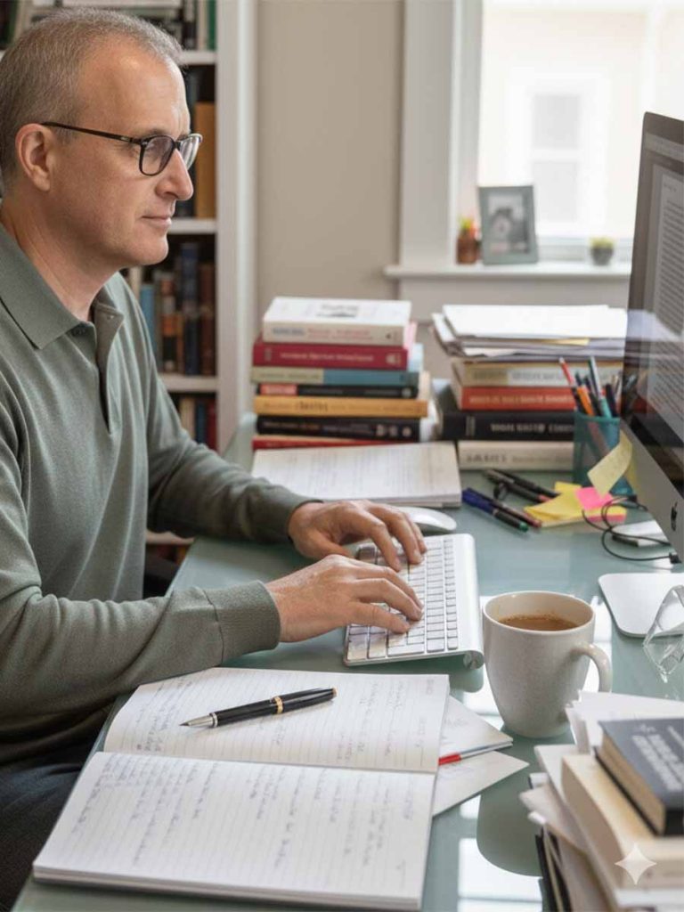 A man wearing glasses sits at a desk typing on a computer keyboard, surrounded by piles of books, notebooks, a cup of coffee, and pens. A window and a bookcase are visible in the background.