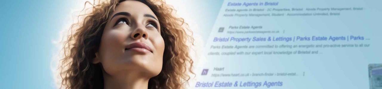 A woman with curly hair looks upward thoughtfully, with projected images of a web search for Bristol estate agents appearing beside her on a light blue background.