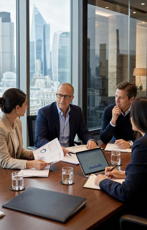 Four people sit around a conference table in a modern office with city views, discussing documents and charts. A laptop displaying a graph and glasses of water are on the table, as a Financial Copywriter presents insights to guide their strategy.