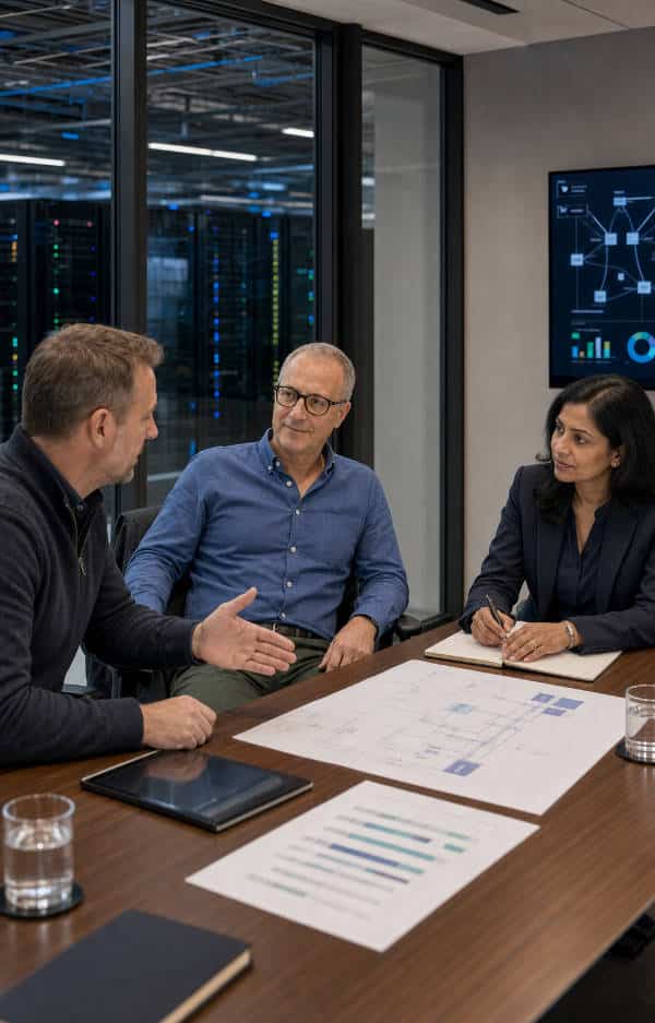 Three professionals, including an IT copywriter, sit at a conference table with documents, a tablet, and glasses of water, discussing charts and diagrams. Large windows and a digital screen with data are visible in the background.